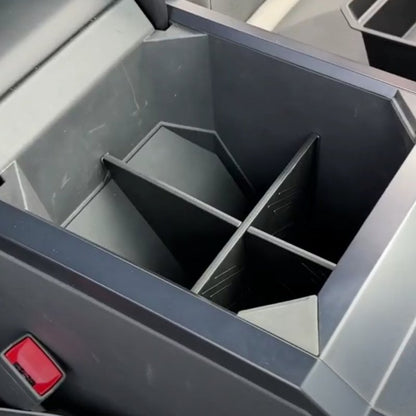 Cybertruck armrest storage box divider by Tesery Official Store, showing organized interior with partition for accessories.
