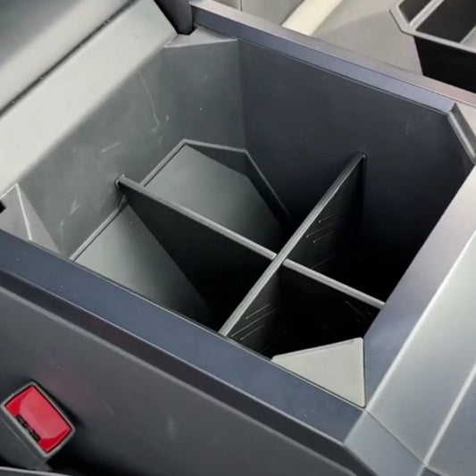 Cybertruck armrest storage box divider by Tesery Official Store, showing organized interior with partition for accessories.