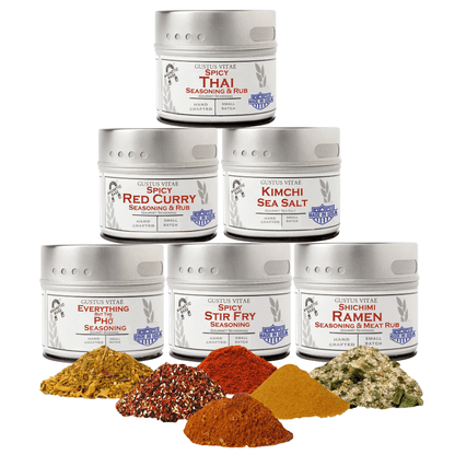 Asian Seasonings Gift Set by Gustus Vitae featuring six artisanal spice blends for cooking and flavoring Asian dishes.