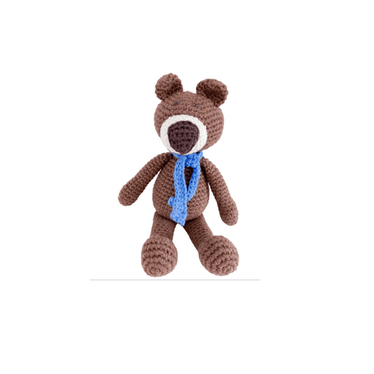 Brown Atty the Bear mini stuffed animal by Bebemoss, handmade organic cotton plush toy for children.