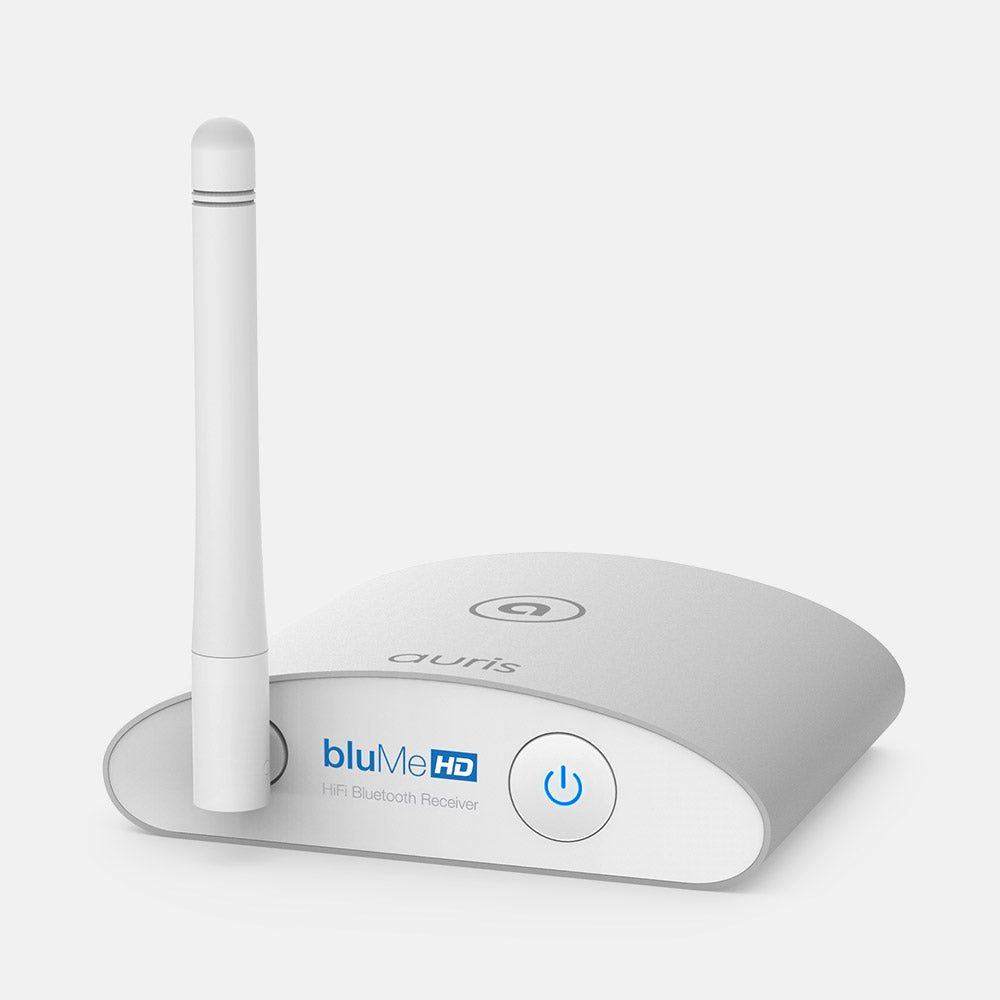 Auris bluMe HD Bluetooth 5.0 music receiver with audiophile DAC and aptX HD, black compact device on a white background.