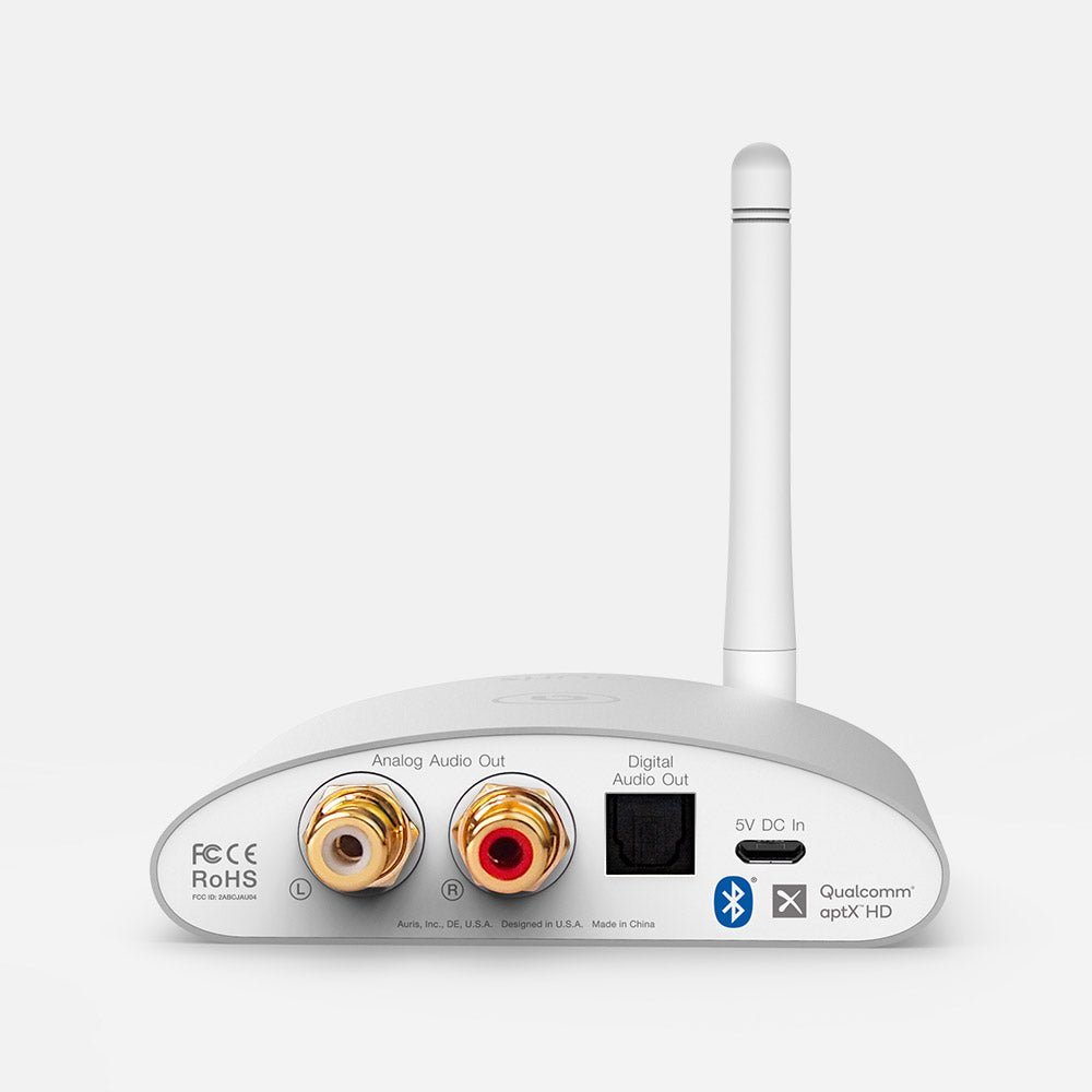 Auris bluMe HD Bluetooth 5.0 music receiver with Audiophile DAC and aptX HD, black compact device on a white background.