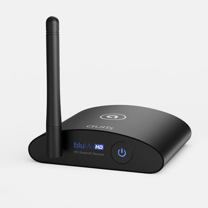 Auris bluMe HD Bluetooth 5.0 music receiver with audiophile DAC and aptX HD, shown in black with compact design.
