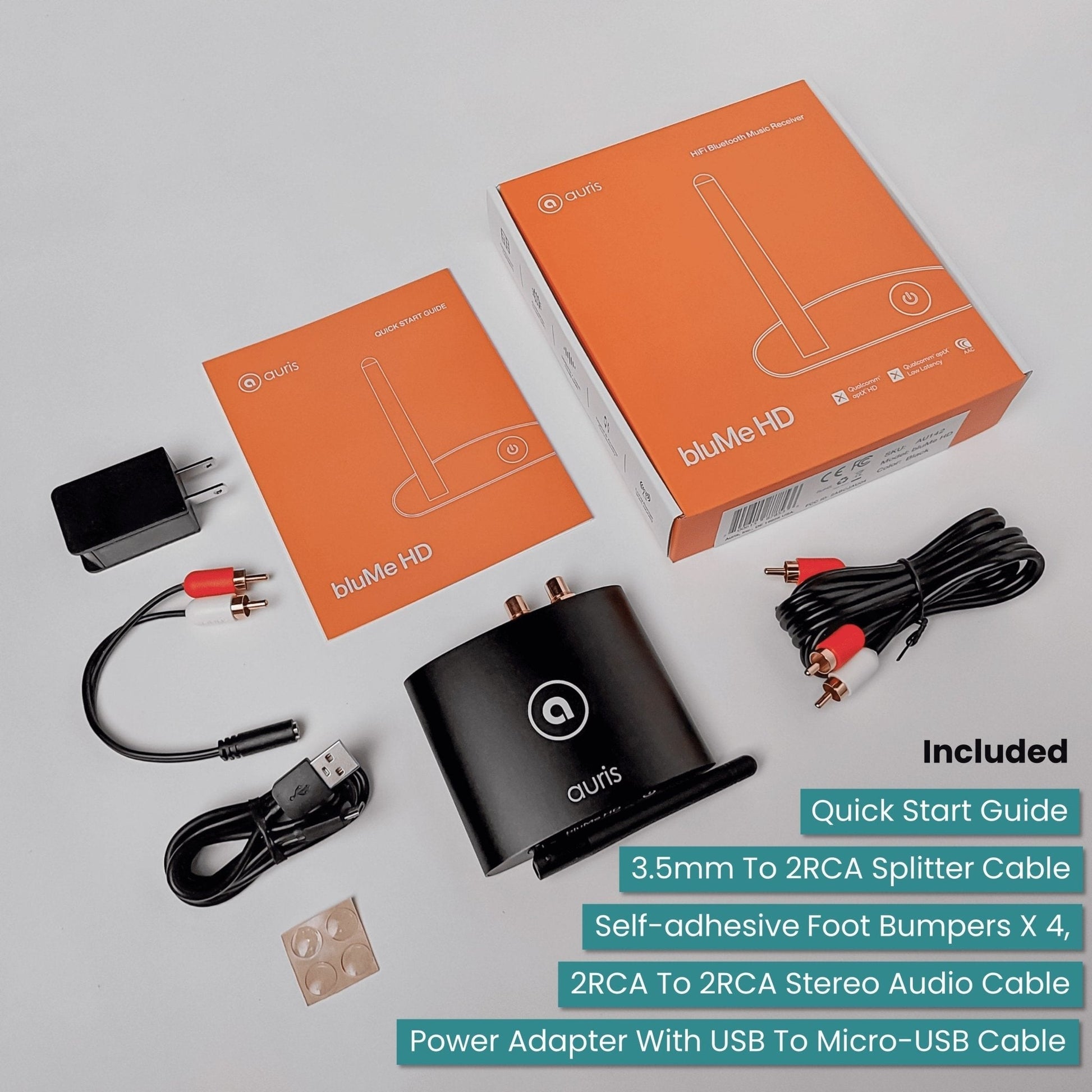 Auris bluMe HD Bluetooth 5.0 music receiver with audiophile DAC and aptX HD in black, connected to audio device.
