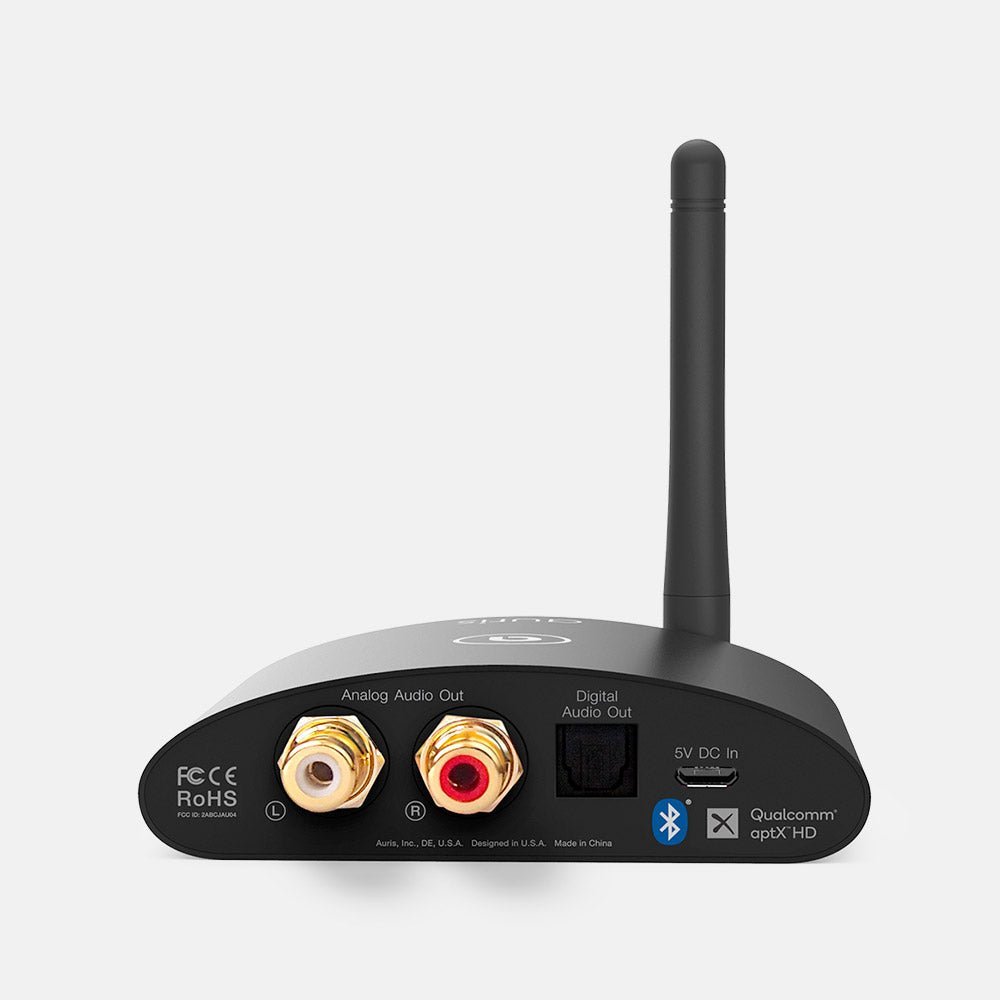 Auris bluMe HD Bluetooth 5.0 music receiver with audiophile DAC and aptX HD, black compact device for high-quality wireless audio.