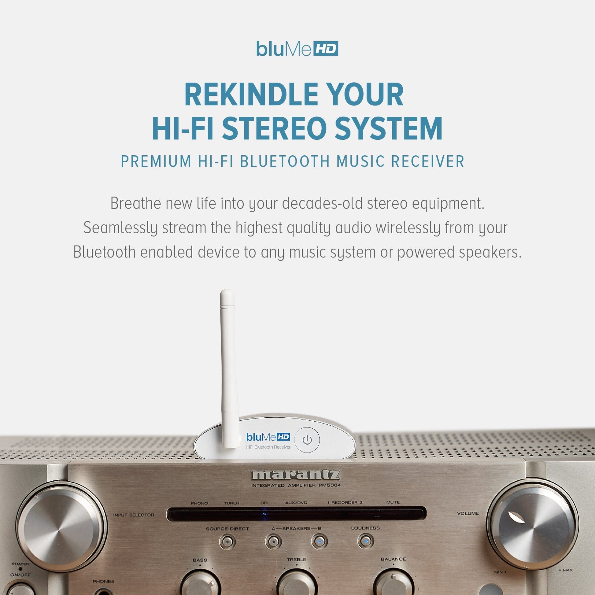 Auris bluMe HD Bluetooth 5.0 music receiver with audiophile DAC and aptX HD, shown in black with compact design.