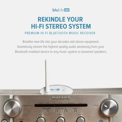 Auris bluMe HD Bluetooth 5.0 music receiver with audiophile DAC and aptX HD, shown in black with compact design.