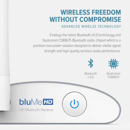 Auris bluMe HD Bluetooth 5.0 music receiver with audiophile DAC and aptX HD, black compact device connected via audio cable
