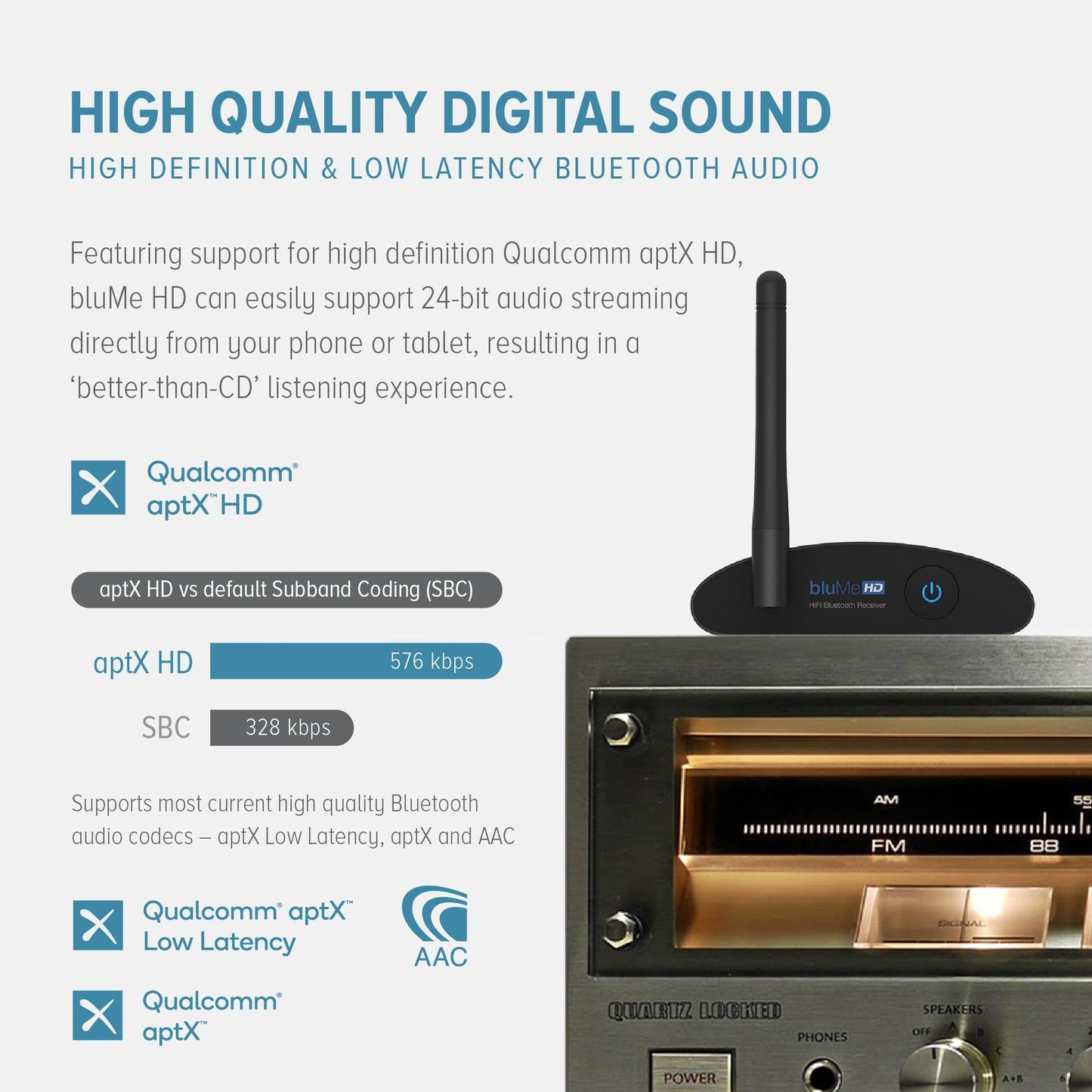 Auris Inc bluMe HD Bluetooth 5.0 music receiver with audiophile DAC and aptX HD in black, connected to audio devices for high-quality sound.