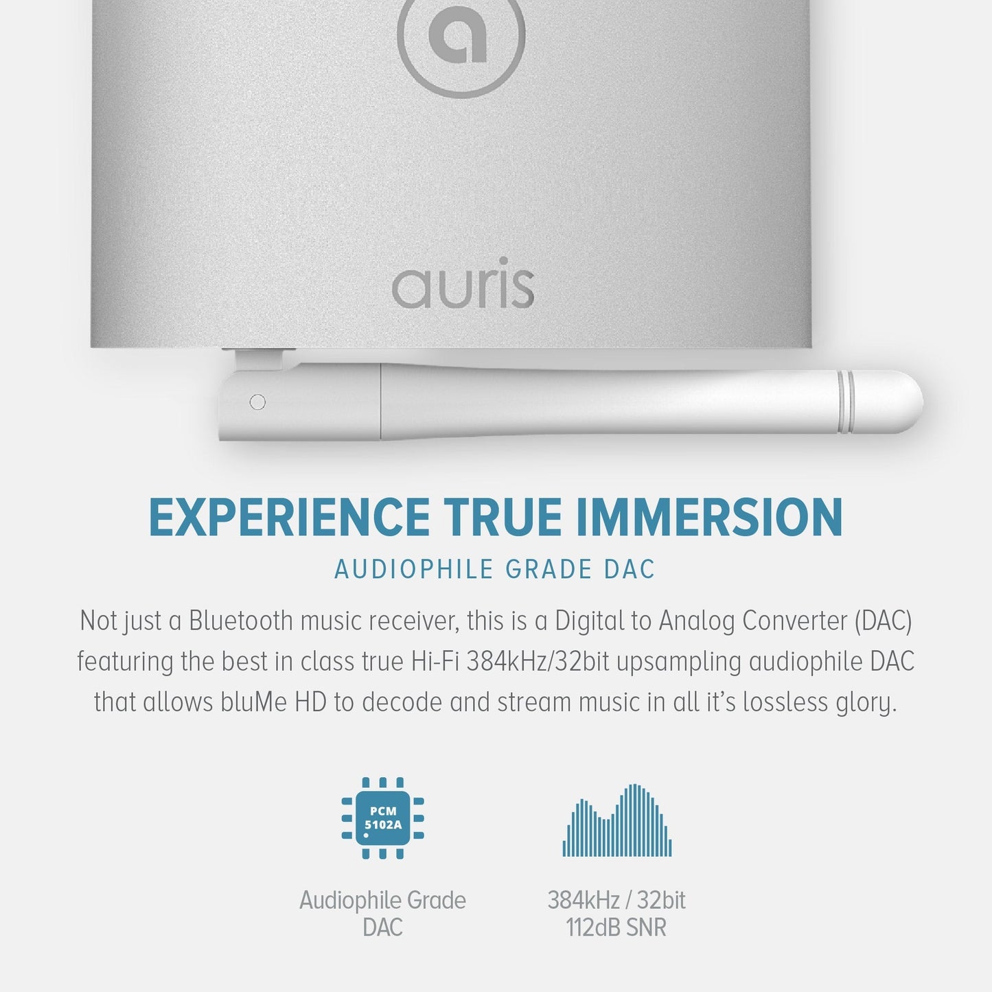 Auris bluMe HD Bluetooth 5.0 music receiver with audiophile DAC and aptX HD, shown in black, connecting to audio devices.