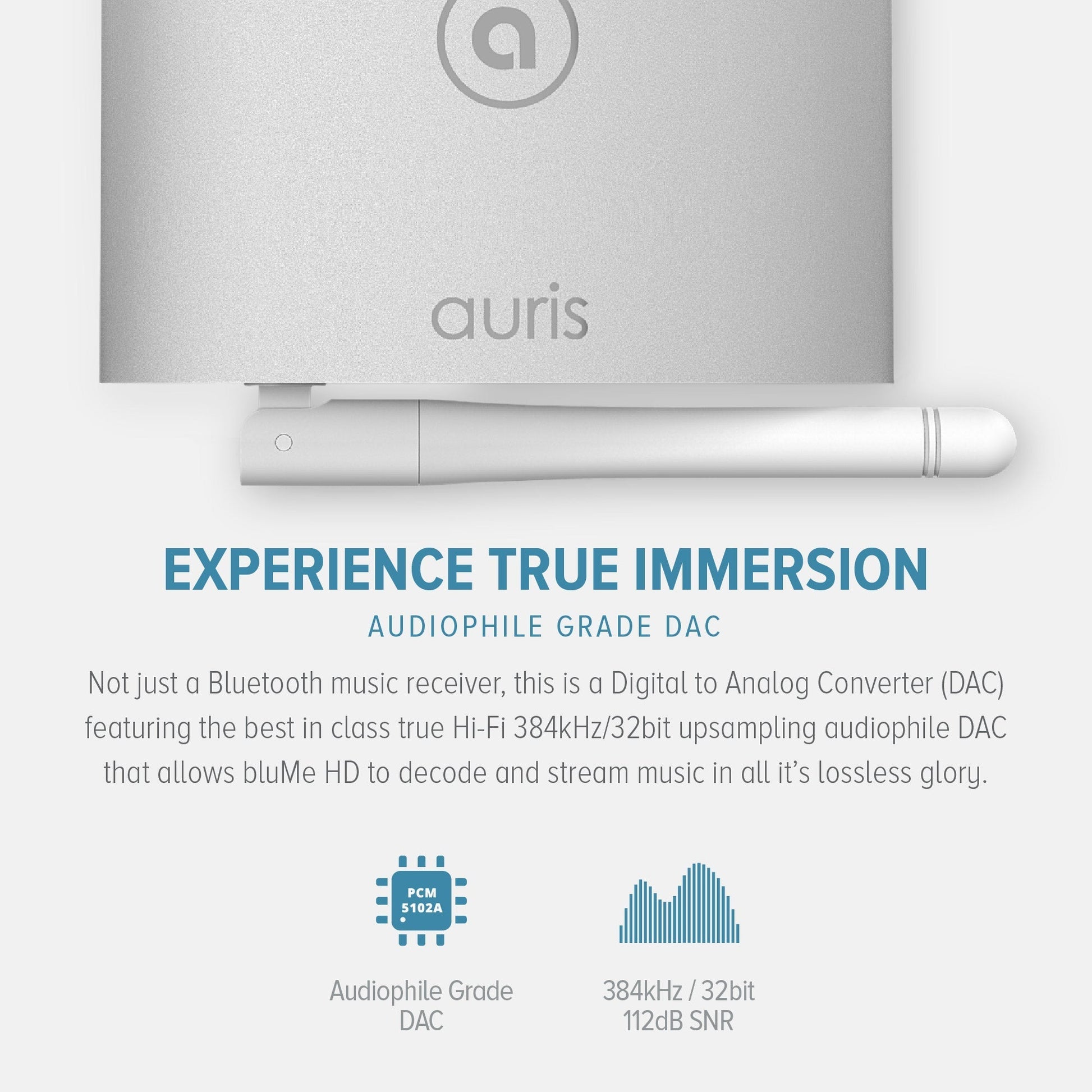 Auris bluMe HD Bluetooth 5.0 music receiver with audiophile DAC and aptX HD, shown in black, connecting to audio devices.