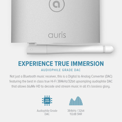 Auris bluMe HD Bluetooth 5.0 music receiver with audiophile DAC and aptX HD, shown in black, connecting to audio devices.