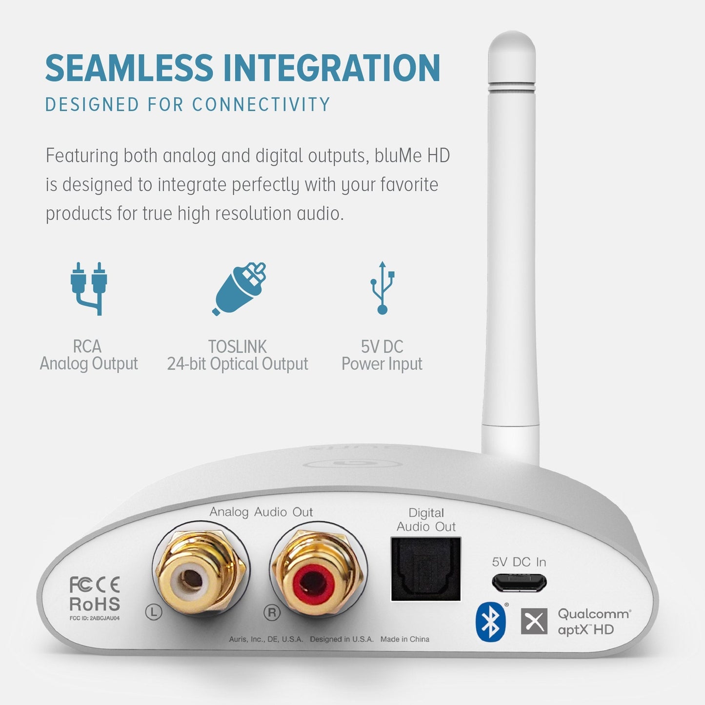 Auris bluMe HD Bluetooth 5.0 music receiver with audiophile DAC and aptX HD, black compact device for high-quality wireless audio.