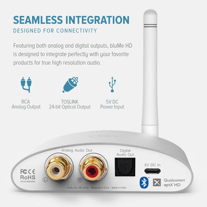 Auris bluMe HD Bluetooth 5.0 music receiver with audiophile DAC and aptX HD, black compact device for high-quality wireless audio.