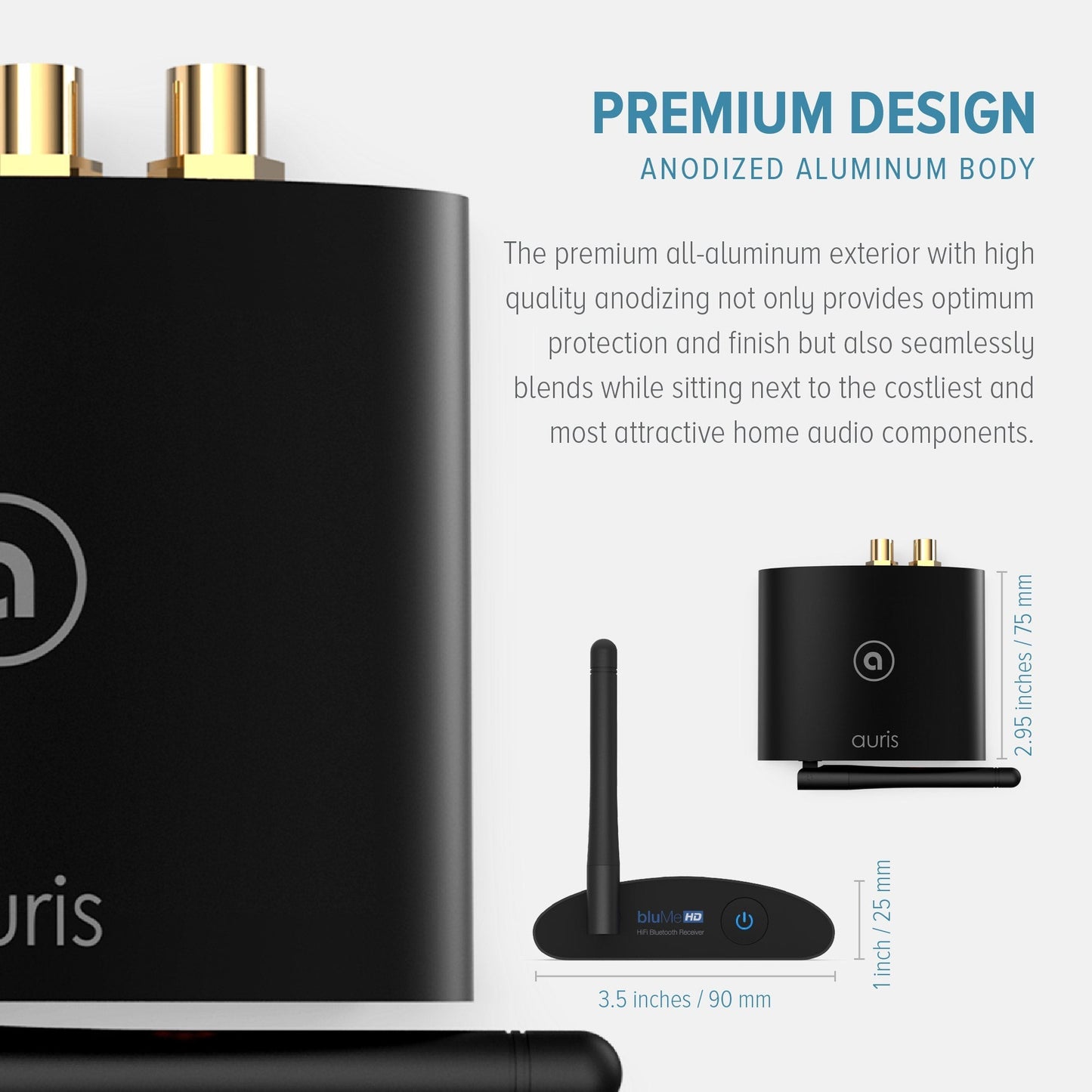 Auris bluMe HD Bluetooth 5.0 music receiver with audiophile DAC and aptX HD in black, showing the compact device design.