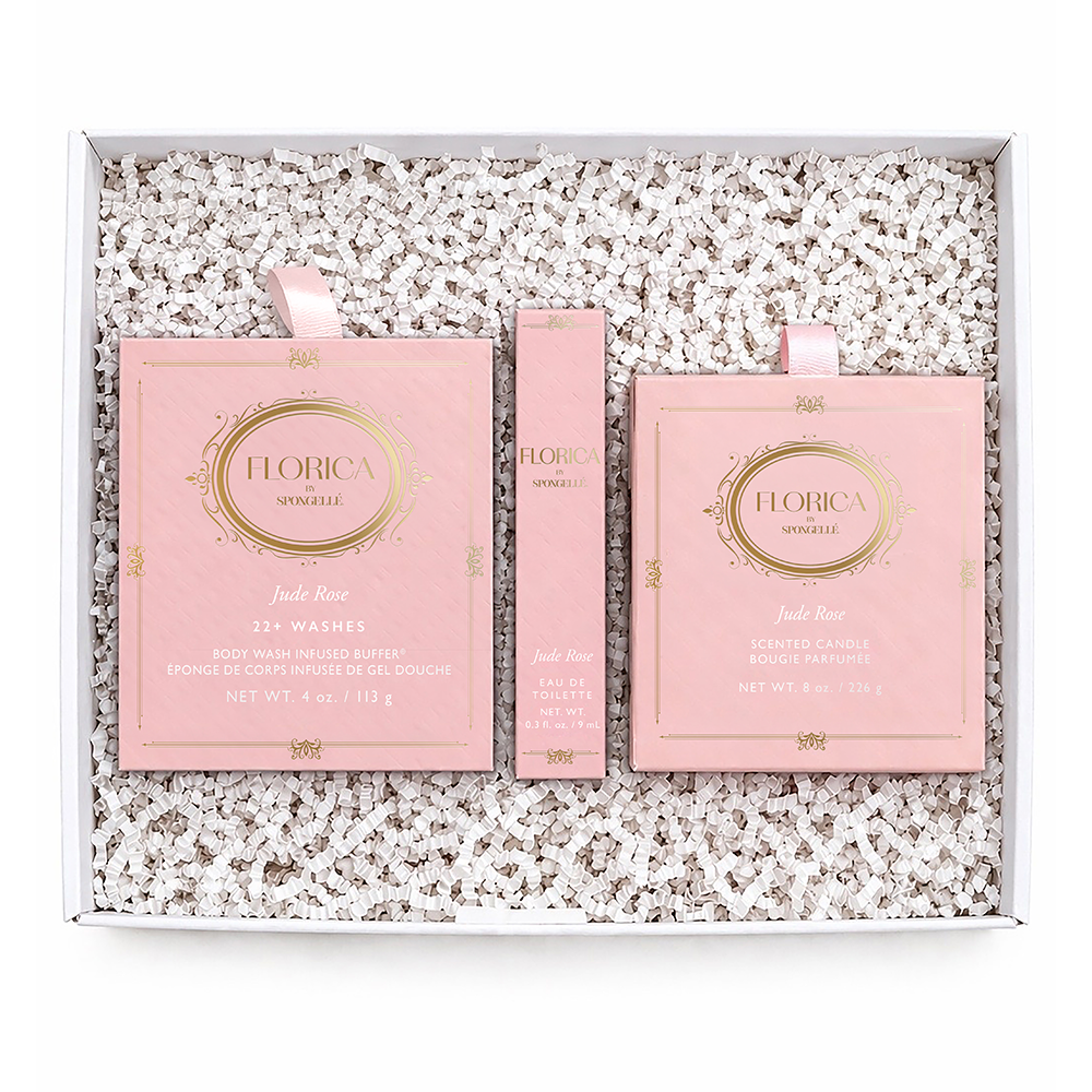 Spongellé Awakening Jude Rose 3-piece bath gift set with floral-themed packaging and various bath products inside.