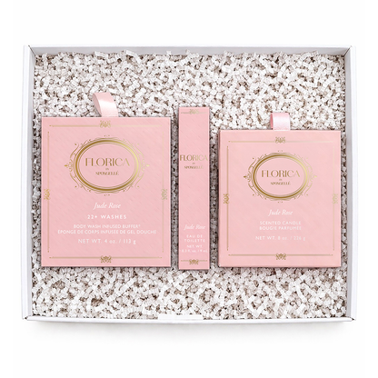 Spongellé Awakening Jude Rose 3-piece bath gift set with floral-themed packaging and various bath products inside.