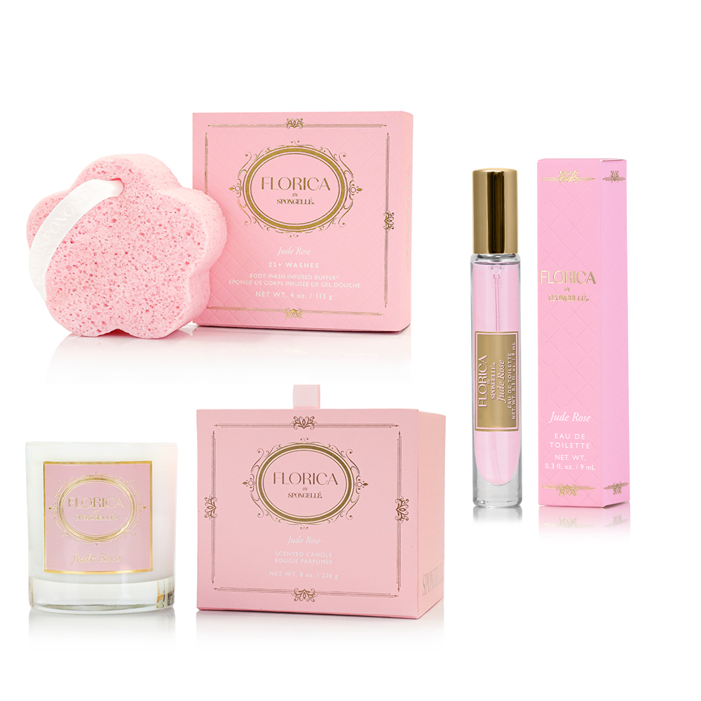 Spongellé Awakening Jude Rose 3-Piece Bath Gift Set with scented body wash, loofah, and body lotion in elegant packaging.