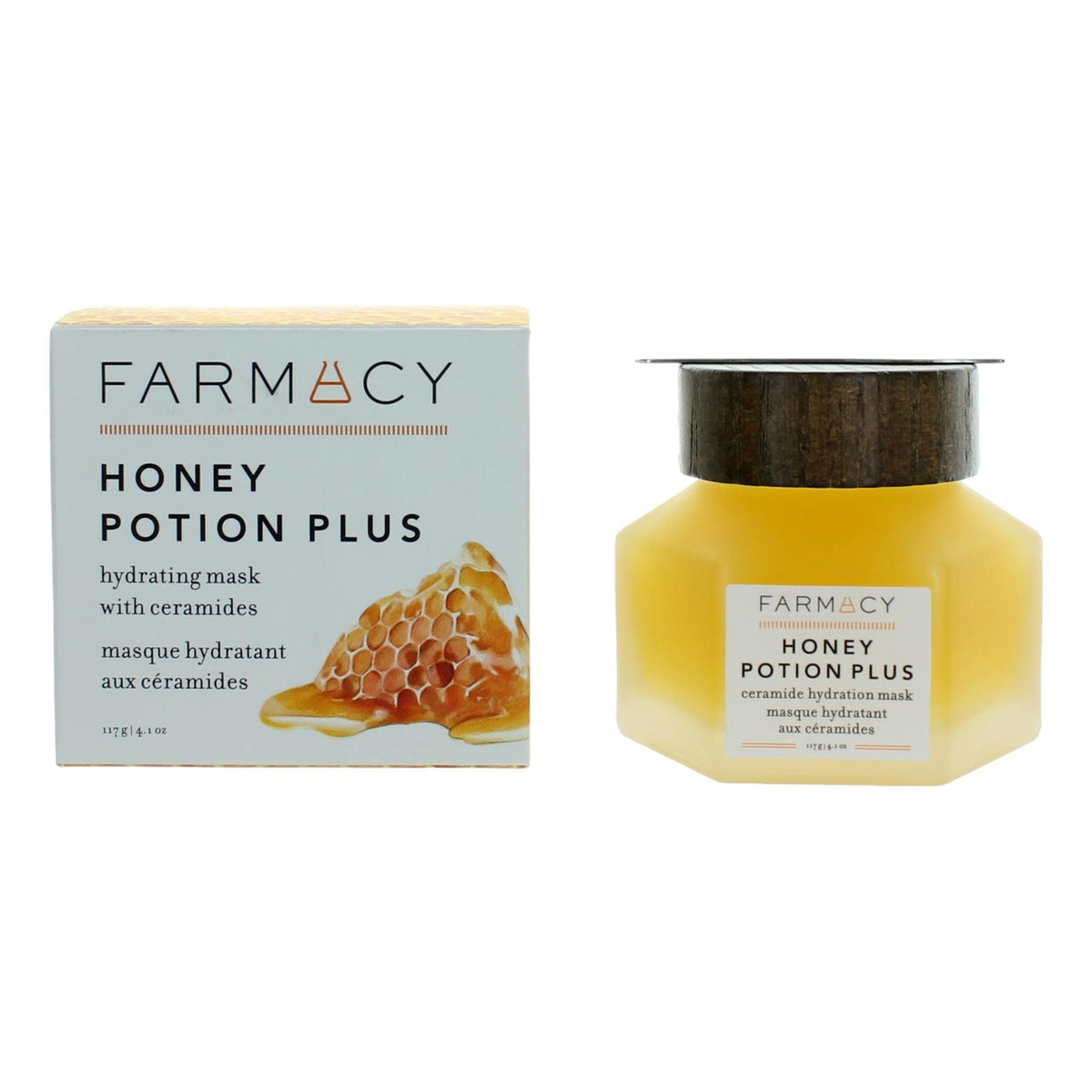 Farmacy Honey Potion Plus hydrating mask jar with golden honey-colored cream inside, 4.1 oz Makeup & Cosmetic product