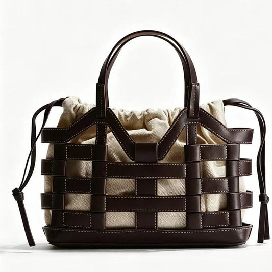 Creative hollowed-out niche large-capacity drawstring patchwork tote bag in detailed close-up view