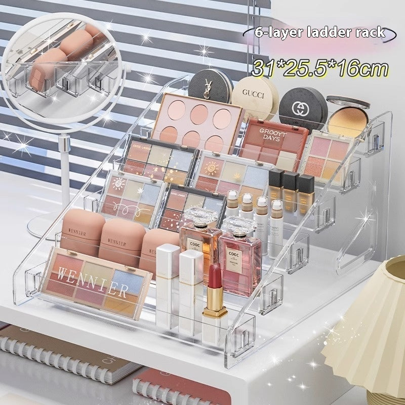 Transparent plastic cosmetics storage box with compartments for organizing makeup and beauty products