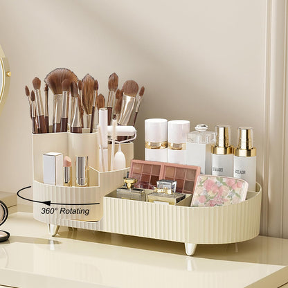 Rotating countertop makeup organizer with large-capacity cosmetic compartments and makeup brush holder for vanity