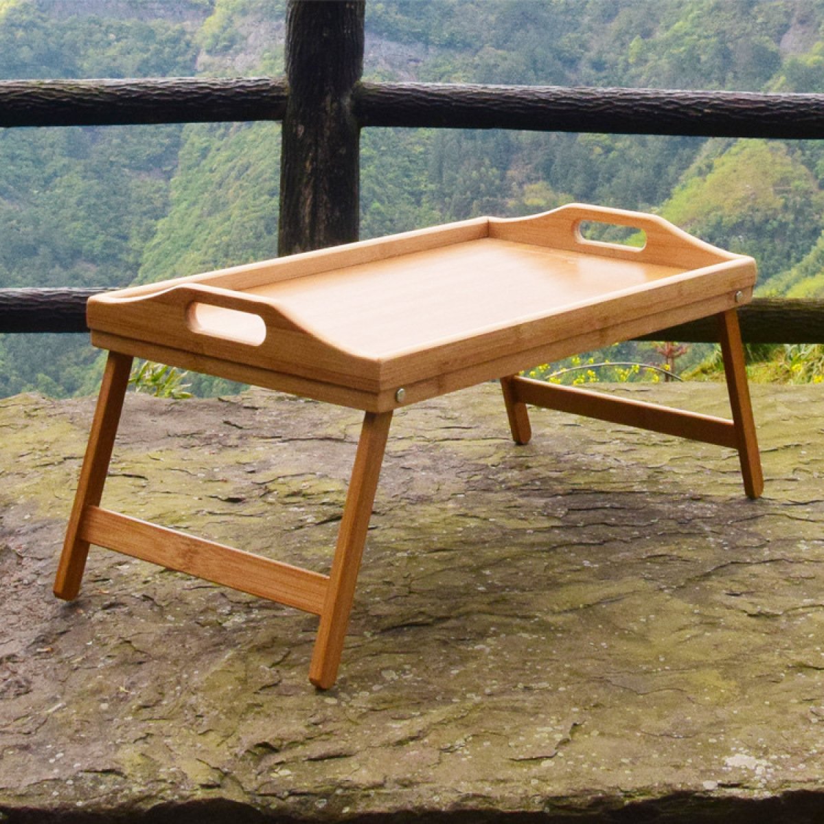 Bamboo folding breakfast tray with feet from BACKUPMYFILESNOW.COM®, featuring a natural wood finish and adjustable support legs.