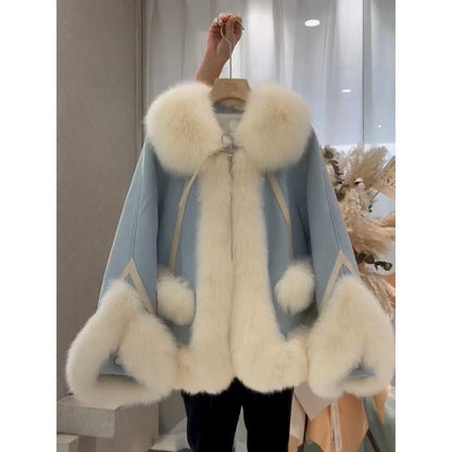 Women's one-piece patchwork fur coat in a mixed-texture design front view