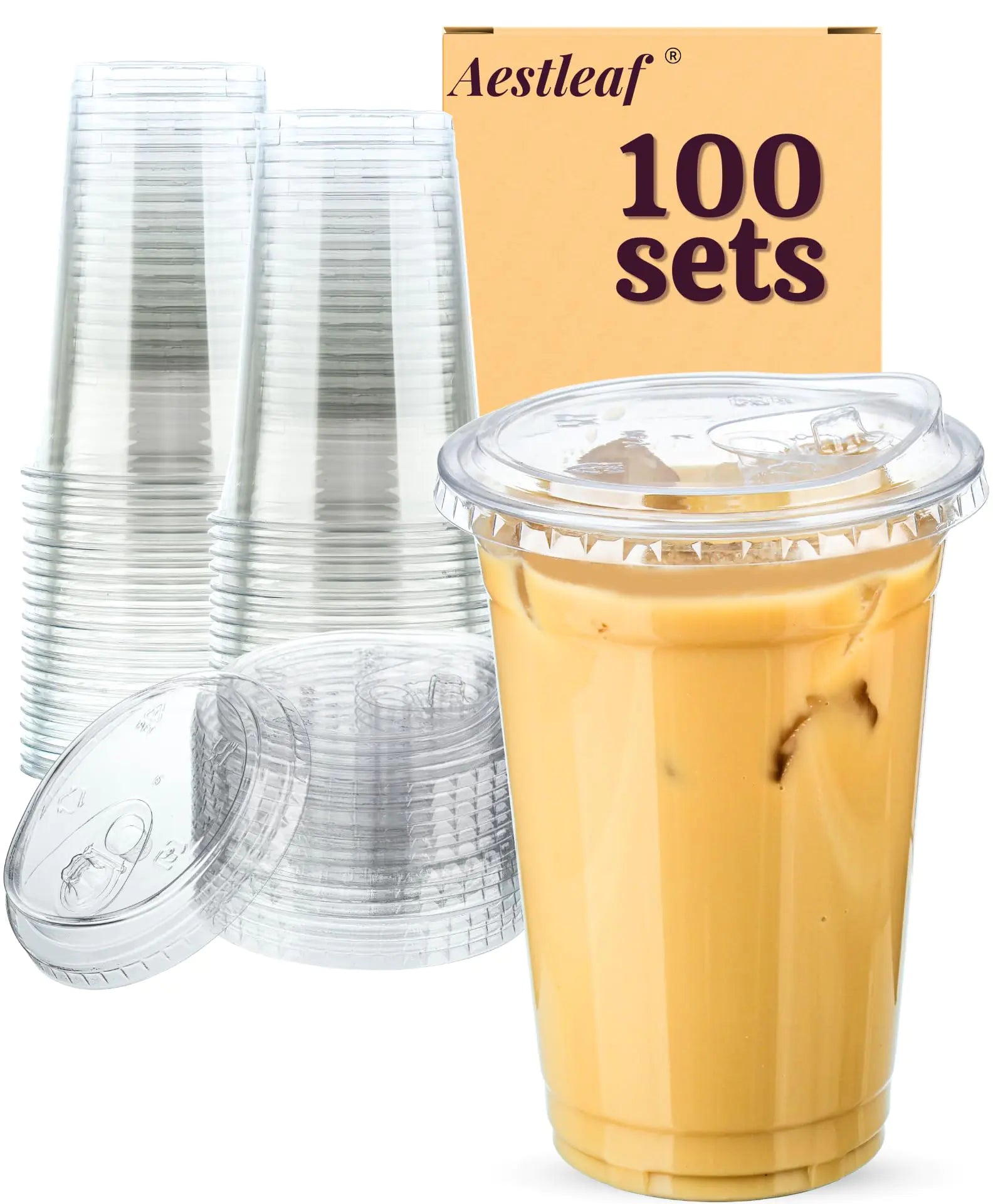 Aestleaf Clear Plastic Cups with Sip-Lids 20 oz 100 Sets Disposable Coffee Cups Plastic Iced Coffee Cups with Strawless Lids To Go Coffee Cups for Smoothie Milkshake Cold Drinks