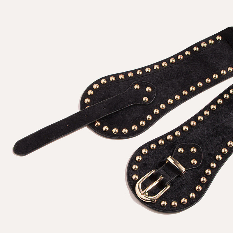 Women's suede rivet elastic wide waist belt with adjustable seal, Western-style design
