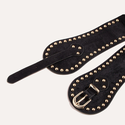 Women's suede rivet elastic wide waist belt with adjustable seal, Western-style design