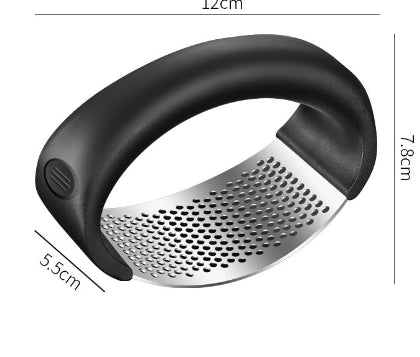 Stainless steel manual garlic press with curved handle for kitchen use