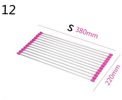 Folding stainless steel kitchen sink drain rack unfolded over sink basin