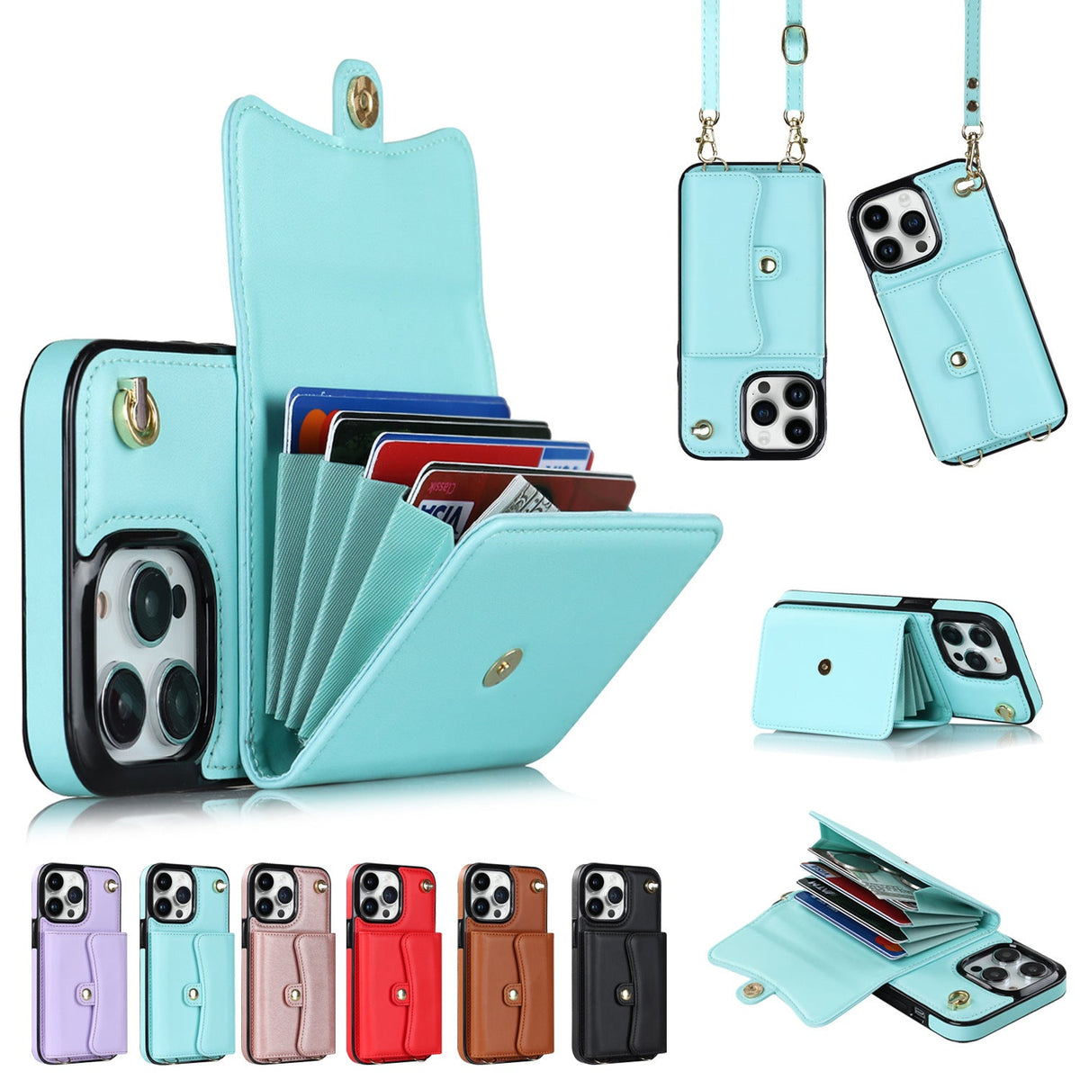 Crossbody card holder phone case with multi-function card slots and adjustable shoulder strap