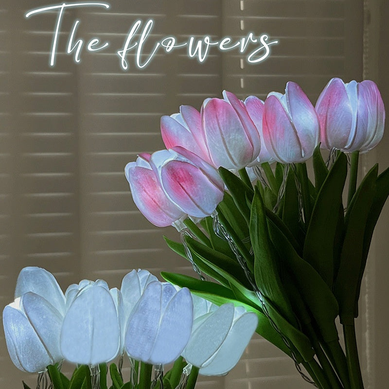 LED lighting chain simulation tulip bridal bouquet with illuminated artificial tulips.