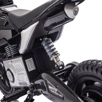 Kids riding a 24V GBruno Store electric motocross ride-on motorcycle for children ages 5 to 12, outdoors on a sunny day.