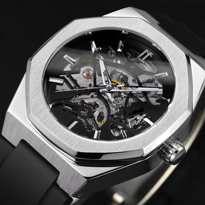 Silver hollow skeleton automatic mechanical watch with rubber band