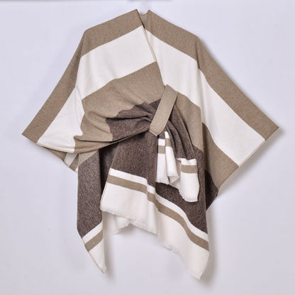 Women's striped tassel cross-strap warm cape shawl in a cozy draped design