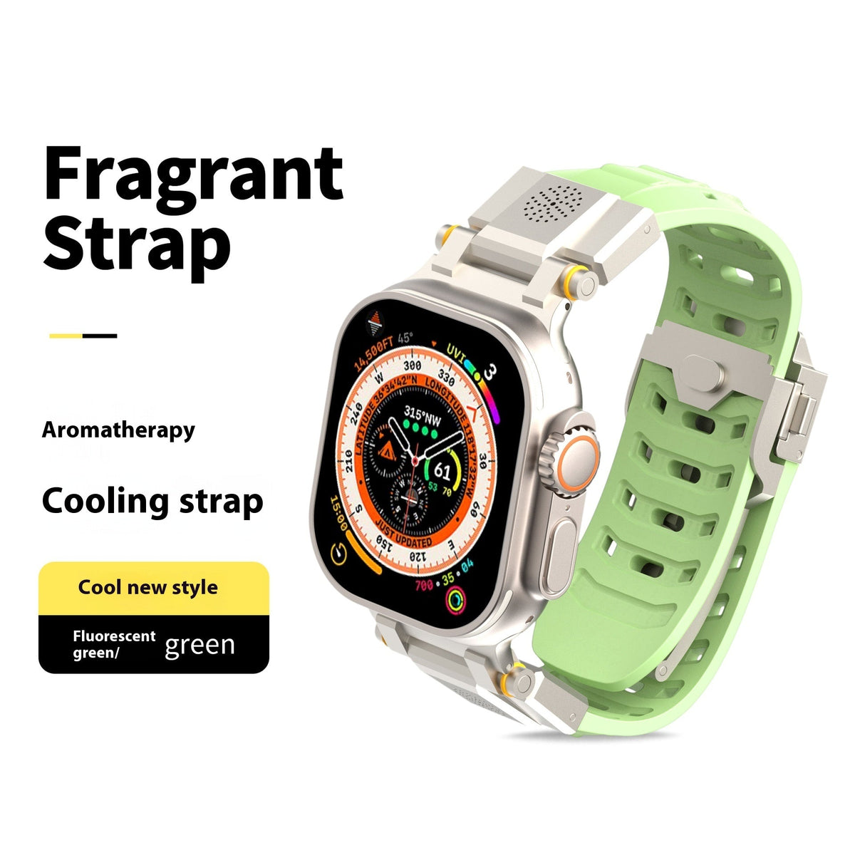Metal aromatherapy watch band with scent bead holder in a sleek silver finish