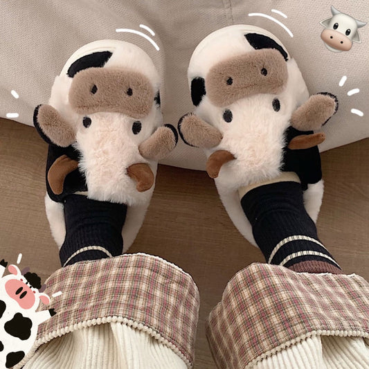 Cute cow animal slippers for women and girls, soft fluffy winter warm cartoon milk cow house shoes