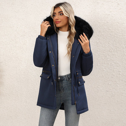 Women's fleece-lined mid-length hooded cotton padded jacket in a simple solid-color design