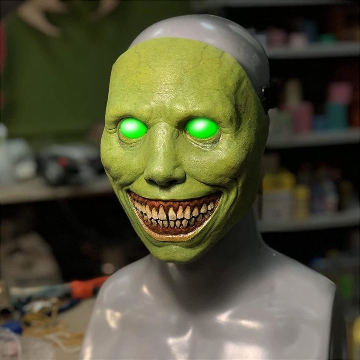 Halloween scary white-eyed demon mask with a sinister expression and detailed facial features