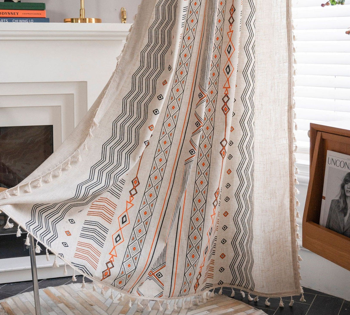 Boho cream cotton and linen print sun shade curtain fabric, non-punched design