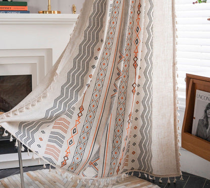 Boho cream cotton and linen print sun shade curtain fabric, non-punched design