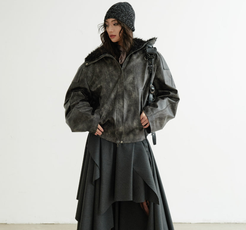 Turtleneck smoky-blend PU faux leather jacket in a sleek dark finish