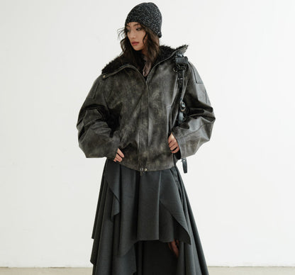 Turtleneck smoky-blend PU faux leather jacket in a sleek dark finish