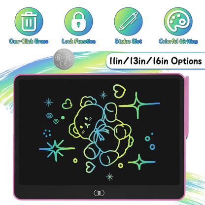 GBruno Store LCD writing tablet for kids with stylus and lock function, showing a colorful drawing on the screen.