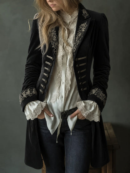 Women's long-sleeve patchwork lace gold-velvet coat in a solid color