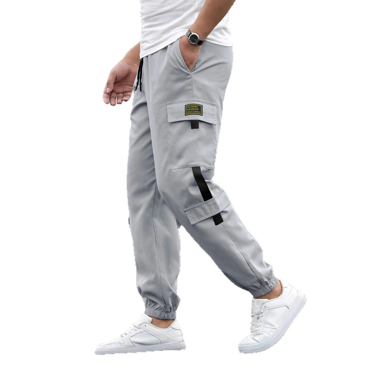 Men’s retro jogger casual work pants in a relaxed fit with elastic cuffs and utility pocket details