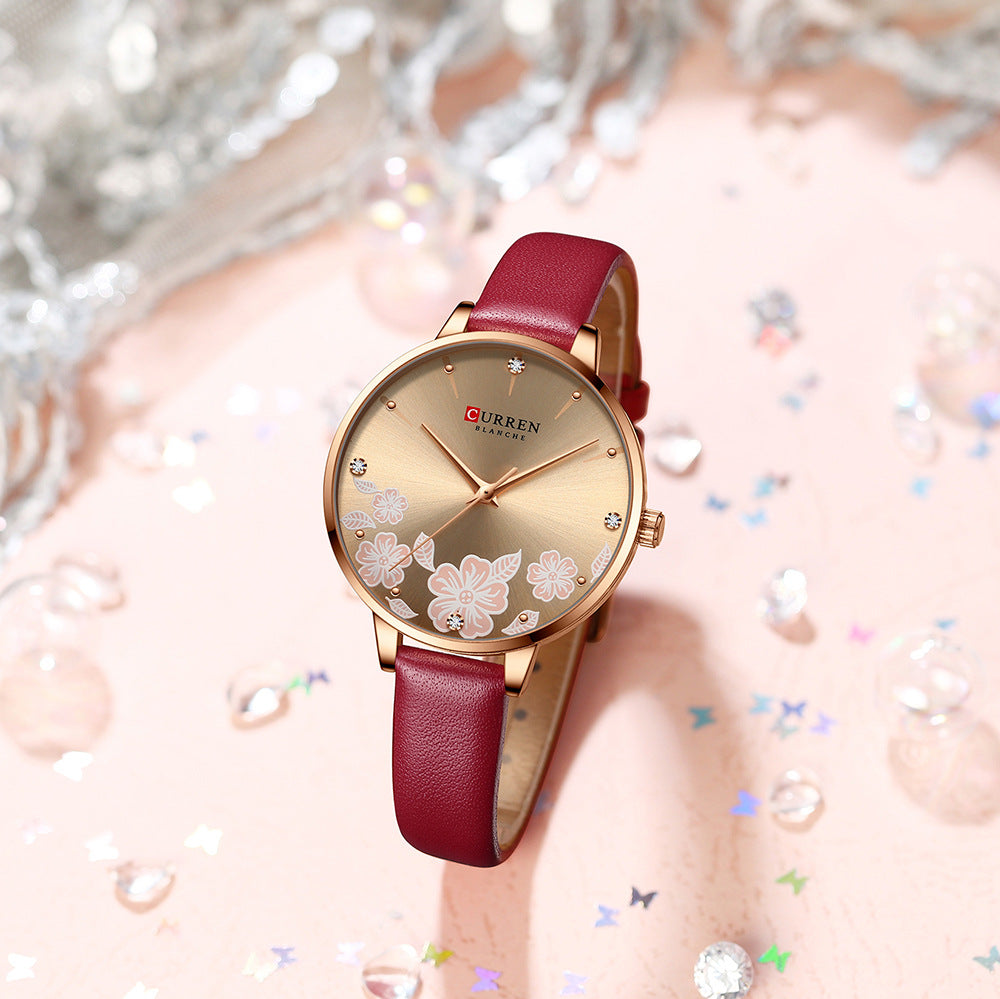 Women's waterproof casual leather small-dial watch with a classic round face and leather strap